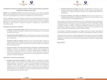La Aeronáutica Civil informó que seis de los siete aeropuertos afectados por el sismo de magnitud 7,4 en Colombia reanudaron operaciones comerciales - crédito @AerocivilCol / X