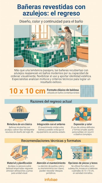 Infografía con ilustraciones de un baño con azulejos verdes, esquemas explicativos y textos sobre el diseño de bañeras revestidas.