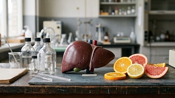 Modelo anatómico de hígado humano, frascos de vidrio y rodajas de pomelo, limón y naranja sobre una mesa de laboratorio