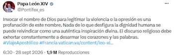 El papa León XIV rechazó el uso de la religión para justificar violencia y opresión - crédito @Pontifex_es/X