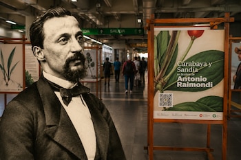 Retrato sepia de Antonio Raimondi en primer plano, superpuesto sobre un pasillo de estación de metro con personas y un banner de exposición botánica en madera