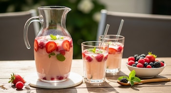 Una jarra y dos vasos de una bebida cremosa de frutas con fresas y frambuesas. Un tazón de frutos rojos variados está al lado en una mesa de madera.