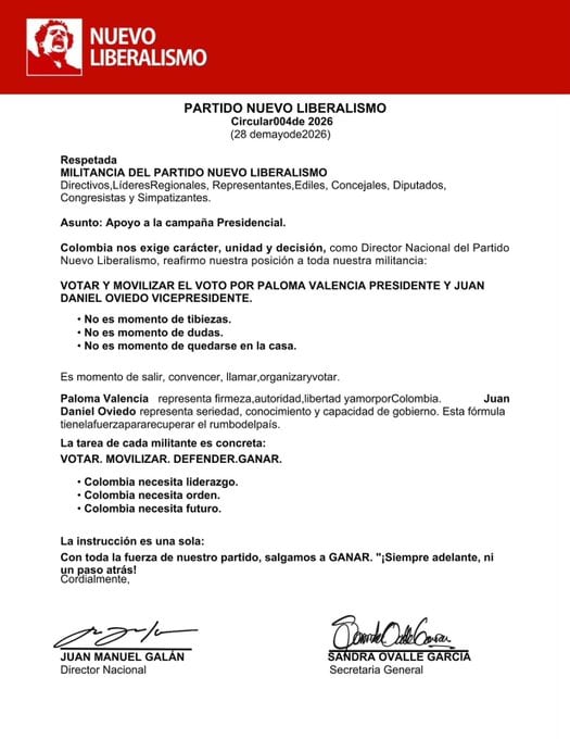 El partido Nuevo Liberalismo formalizó su respaldo a la candidatura presidencial de la senadora del Centro Democrático, Paloma Valencia, y a su fórmula vicepresidencial, el exdirector del Dane, Juan Daniel Oviedo - crédito Nuevo Liberalismo