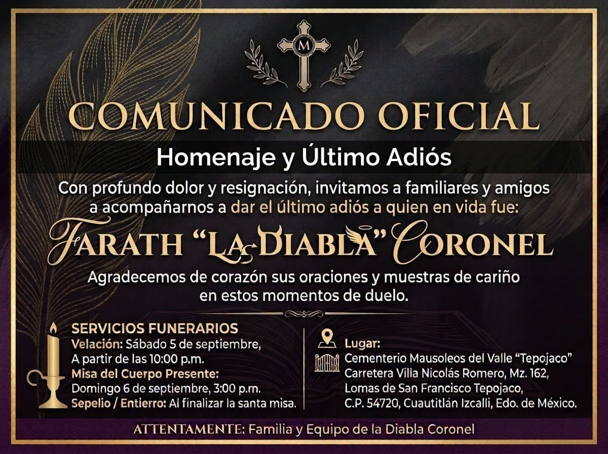 Detalles de los servicios fúnebres de Farath Coronel en el Cementerio Mausoleos del Valle Tepojaco, en Cuautitlán Izcalli. (Captura de pantalla )