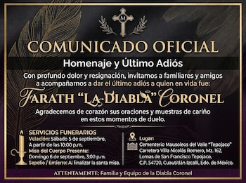 Detalles de los servicios fúnebres de Farath Coronel en el Cementerio Mausoleos del Valle Tepojaco.
