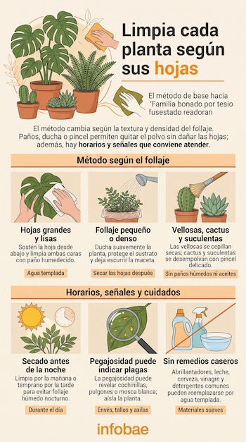 Infografía con ilustraciones de plantas en macetas, paños de limpieza, regadera, pincel y textos con instrucciones de mantenimiento.