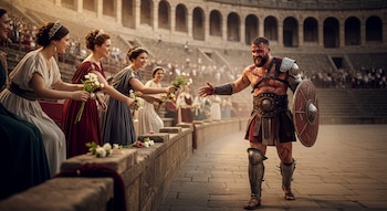 Un gladiador con armadura saluda en un anfiteatro, mientras mujeres con túnicas romanas le ofrecen flores. Público en las gradas del fondo.