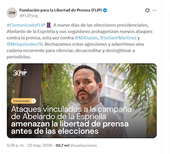 La Fundación para la Libertad de Prensa (Flip) se pronunció la tarde del viernes 22 de mayo de 2026 - crédito @FLIP_org/X