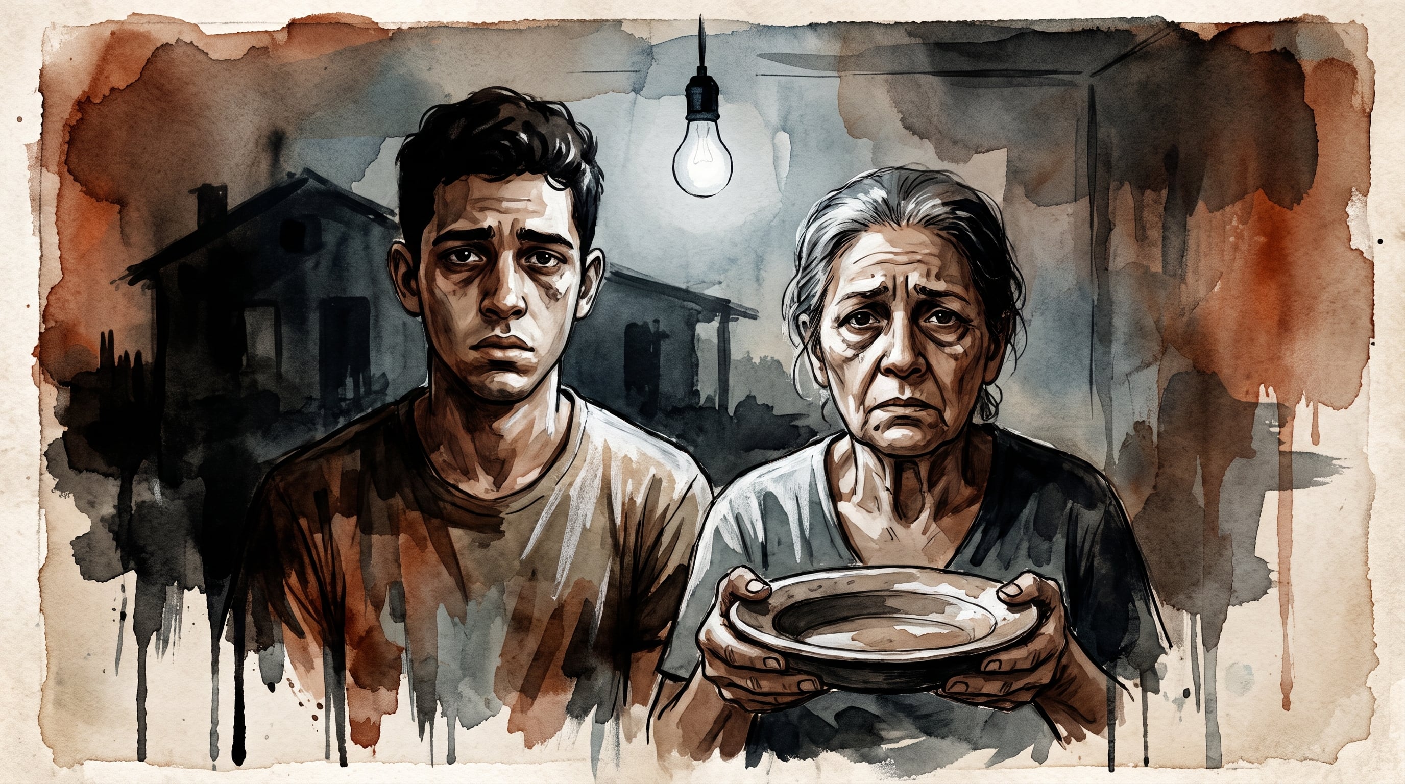 Dos personas en Cuba permanecen junto a un plato hondo vacío bajo una bombilla apagada en una vivienda a oscuras. (Imagen Ilustrativa Infobae)