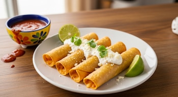 Primer plano de flautas de queso doradas sobre un plato blanco, cubiertas con crema, queso desmenuzado y cilantro, acompañadas de limas y salsa.
