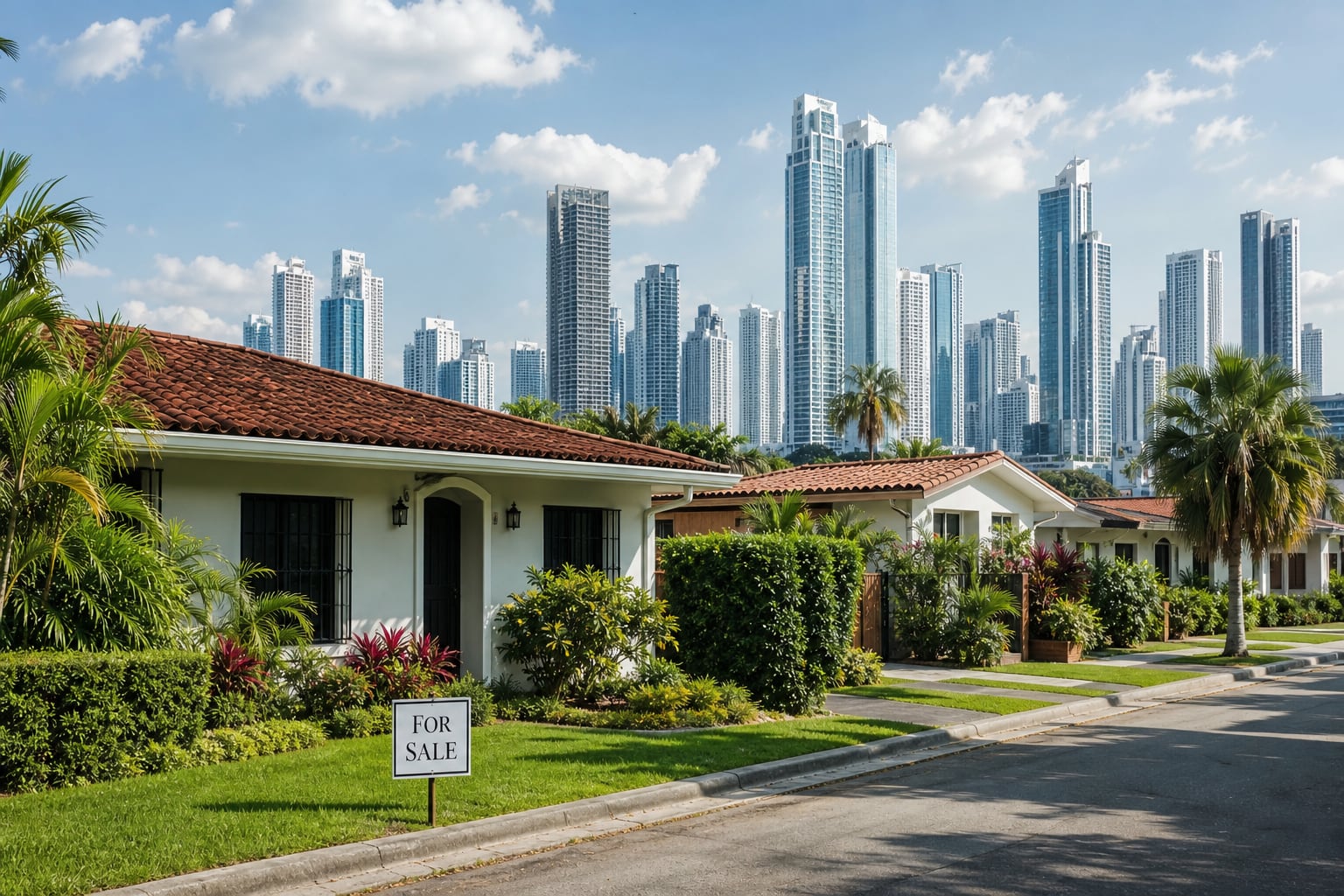 Un cartel de venta se encuentra en el jardín de una casa residencial en la Ciudad de Panamá, y en el fondo los rascacielos del centro urbano. (Imagen Ilustrativa Infobae)