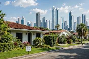 Casas de un piso con plantas tropicales, un cartel que dice For Sale en el césped y varios rascacielos modernos en el fondo.