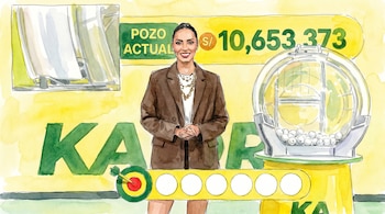 Ilustración acuarela de una presentadora de pie frente a una máquina de lotería con bolas y un cartel que dice "POZO ACTUAL S/ 10,653,373".