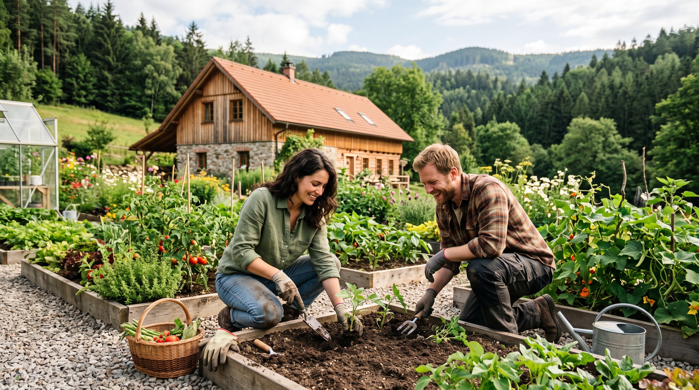 Una pareja cultiva hortalizas en bancales elevados junto a una vivienda de campo en medio de un bosque. (Imagen Ilustrativa Infobae/IA)