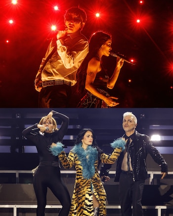 Dos fotografías de cantantes actuando sobre un escenario con micrófonos e iluminación de espectáculo