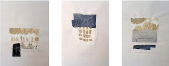 NATALIA MENDIETA
Sin título
Serie ‘Ligero como el cemento’
Collages: cemento, tinta, lápiz, tela y
otros materiales sobre papel de arroz
33 x 25 cm aprox c/u
2026