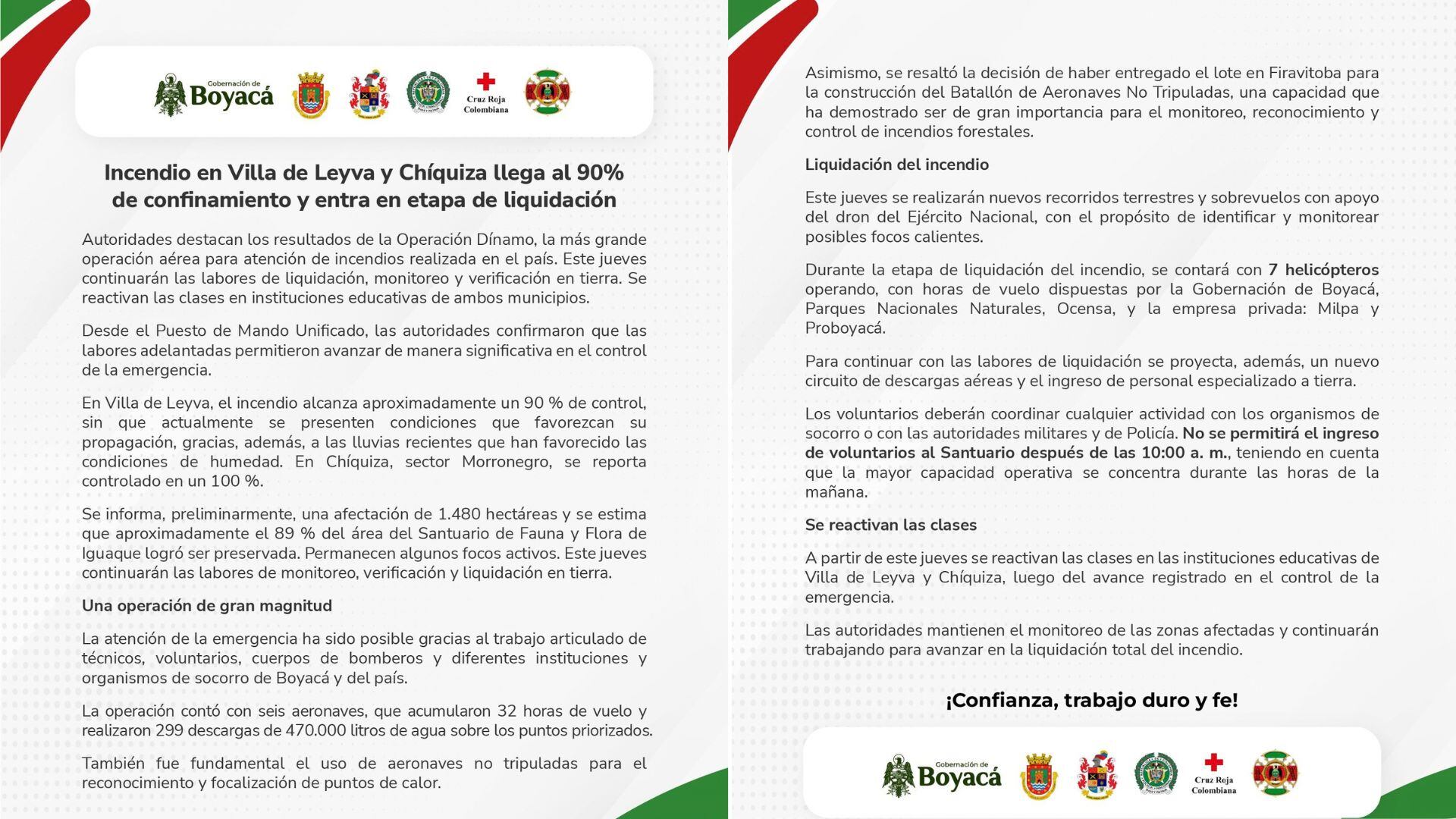 La Gobernación de Boyacá informó que el incendio forestal en Villa de Leyva y Chíquiza entró en etapa de liquidación, con nuevas labores de monitoreo y verificación previstas para este jueves. - crédito @GobBoyaca/X