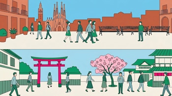 Ilustración dividida en dos: arriba, peatones en plaza española con torre tipo Sagrada Familia; abajo, peatones en entorno japonés con Torii y cerezo.