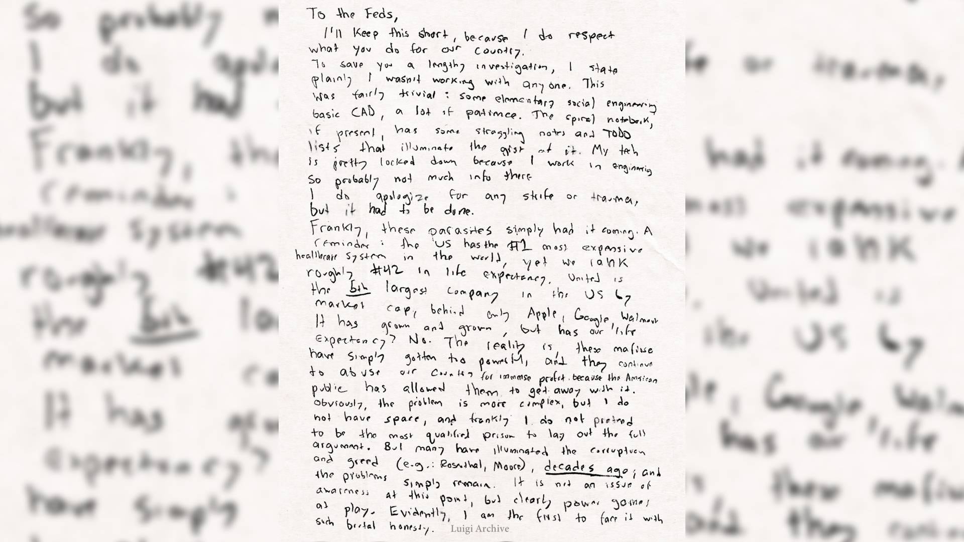 La carta dirigida a las autoridades atribuyó el ataque a la crisis del sistema de salud y al crecimiento corporativo de UnitedHealthcare. (Luigi Archive)