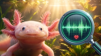 Primer plano de un ajolote rosado con branquias, mirando al frente. A su lado, una lupa digital con pantalla verde mostrando ondas sonoras y un corazón rojo.