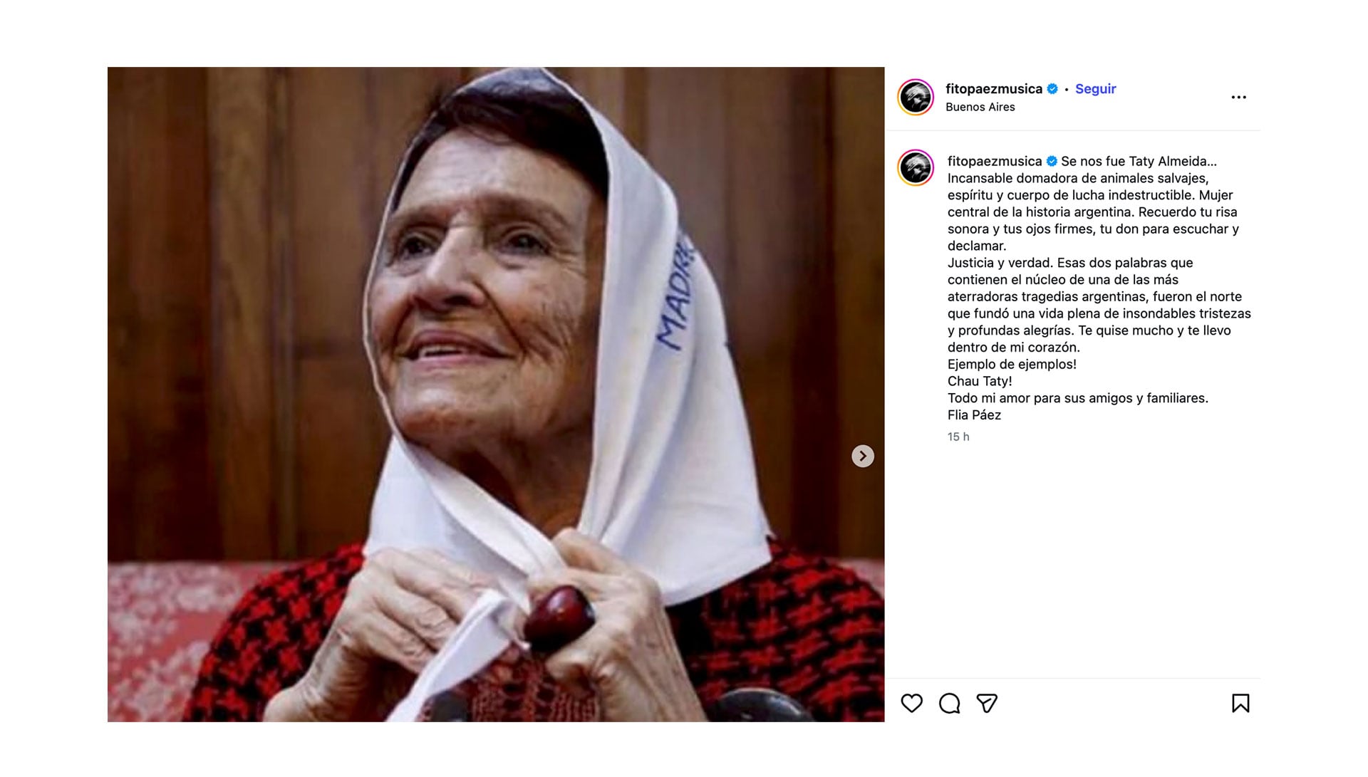 Uno de los emotivos posteos de Fito dedicado a Taty Almeida