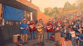 Ilustración de cuatro músicos con sombreros y ponchos sobre una tarima frente a una multitud sentada en gradas al aire libre.