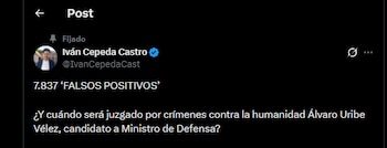 Iván Cepeda exigió que Álvaro Uribe responda ante la justicia por miles de falsos positivos, tras la propuesta de que ocupe el Ministerio de Defensa - crédito @IvanCpedaCast/X