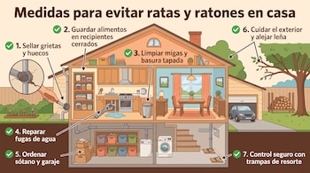 Ilustración del corte transversal de una casa con siete recomendaciones numeradas para evitar roedores en las habitaciones y el patio