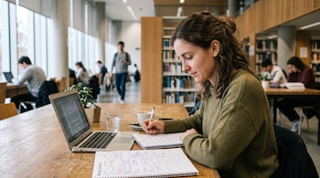 Una joven escribe en una libreta frente a una computadora portátil, una taza y un calendario impreso sobre una mesa de madera en una biblioteca.