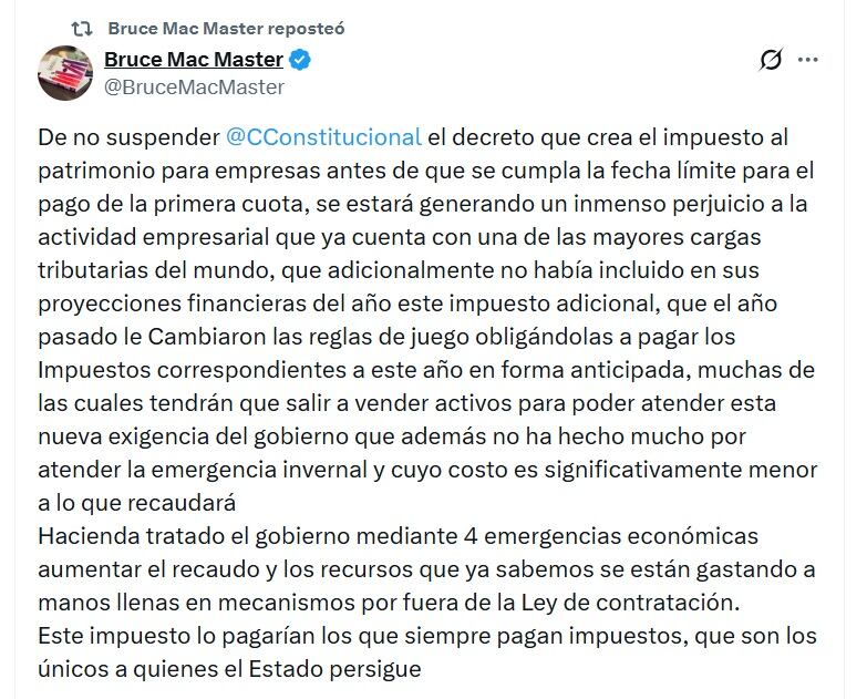 Bruce Mac Master, presidente de la Andi, alertó que el impuesto al patrimonio generará problemas a la inversión en Colombia - crédito @BruceMacMaster/X