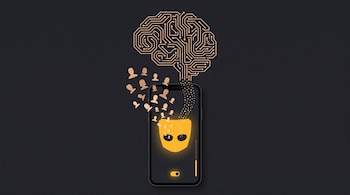 Un teléfono inteligente sobre fondo oscuro emite siluetas de personas que se conectan a un gráfico en forma de cerebro de circuitos.