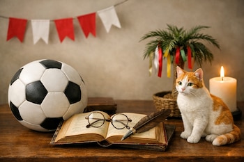Un balón de fútbol, un libro antiguo con gafas y una pluma, un gato blanco y naranja, una palmera decorada y una vela, con banderines rojiblancos al fondo.