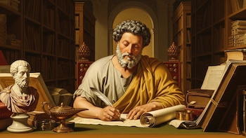 Pintura al óleo de Marco Aurelio escribiendo con pluma en un pergamino. Está en un escritorio en una biblioteca con estanterías llenas, libros, busto y reloj de arena.
