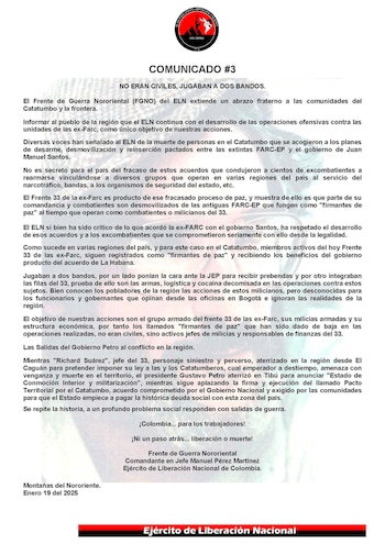 Con el comunicado, el ELN