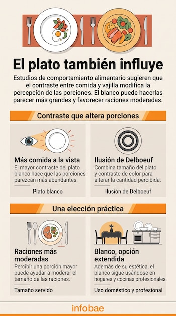 Infografía con ilustraciones de platos con comida, cubiertos, un ojo, círculos concéntricos y bloques de texto explicativo.