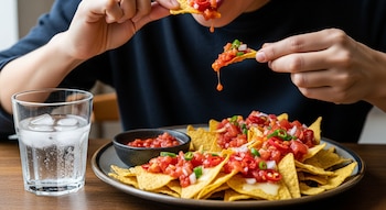 Una persona sostiene nachos con salsa roja picante. En un plato grande hay más nachos con queso, salsa y ají. Un vaso de agua con hielo.