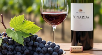 Un racimo de uvas oscuras con una hoja verde, una copa de vino tinto, una botella de vino Bonarda de Argentina y un corcho sobre una mesa de madera.