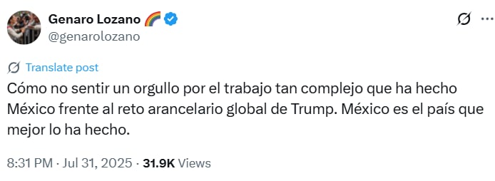 En redes sociales, Genaro Lozano ha hecho pública su afinidad por el gobierno morenistas.