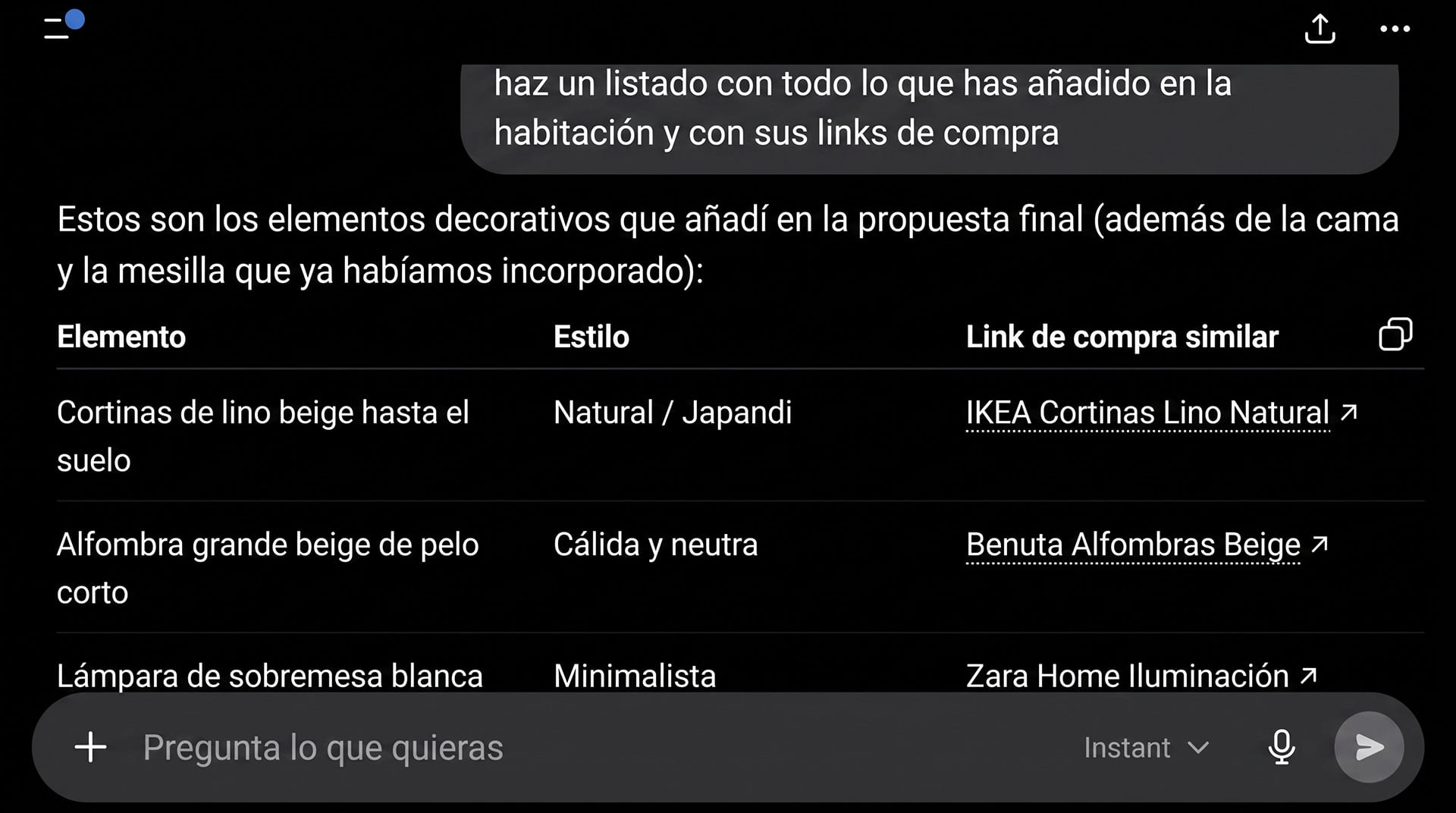 Una vez generado el render del ambiente renovado, la IA puede armar una lista de productos reales con marca, modelo y link de compra para convertir la imagen en un plan concreto