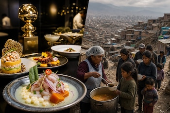 Platos gourmet de ceviche junto a un trofeo a la izquierda, y personas agrupadas en torno a una olla común en un asentamiento a la derecha.