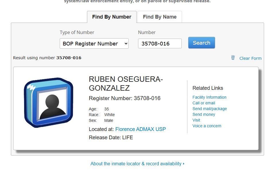 Registro de El Menchito en el Buró Federal de Prisiones. (Captura de pantalla)