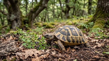 Una tortuga sobre hojas secas en un bosque abre la boca cerca de pequeñas bayas en una planta verde.