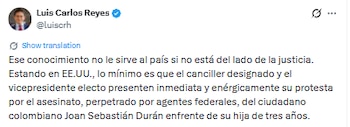 Luis Carlos Reyes envió duro mensaje al gobierno electo de Abelardo de la Espriella - crédito @luiscrh/X
