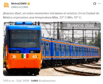 Tren del Metro de la Ciudad de México azul y naranja, número 45 y bandera mexicana, sobre vías de ferrocarril. Texto "Buenos días" en recuadro