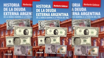 Portada de un libro con billetes de dólar sobre la fachada de la Casa Rosada, ubicada al centro sobre un fondo difuminado del mismo diseño.