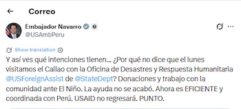 Captura de pantalla de una publicación en la red social X perteneciente a la cuenta oficial del embajador de Estados Unidos en Perú