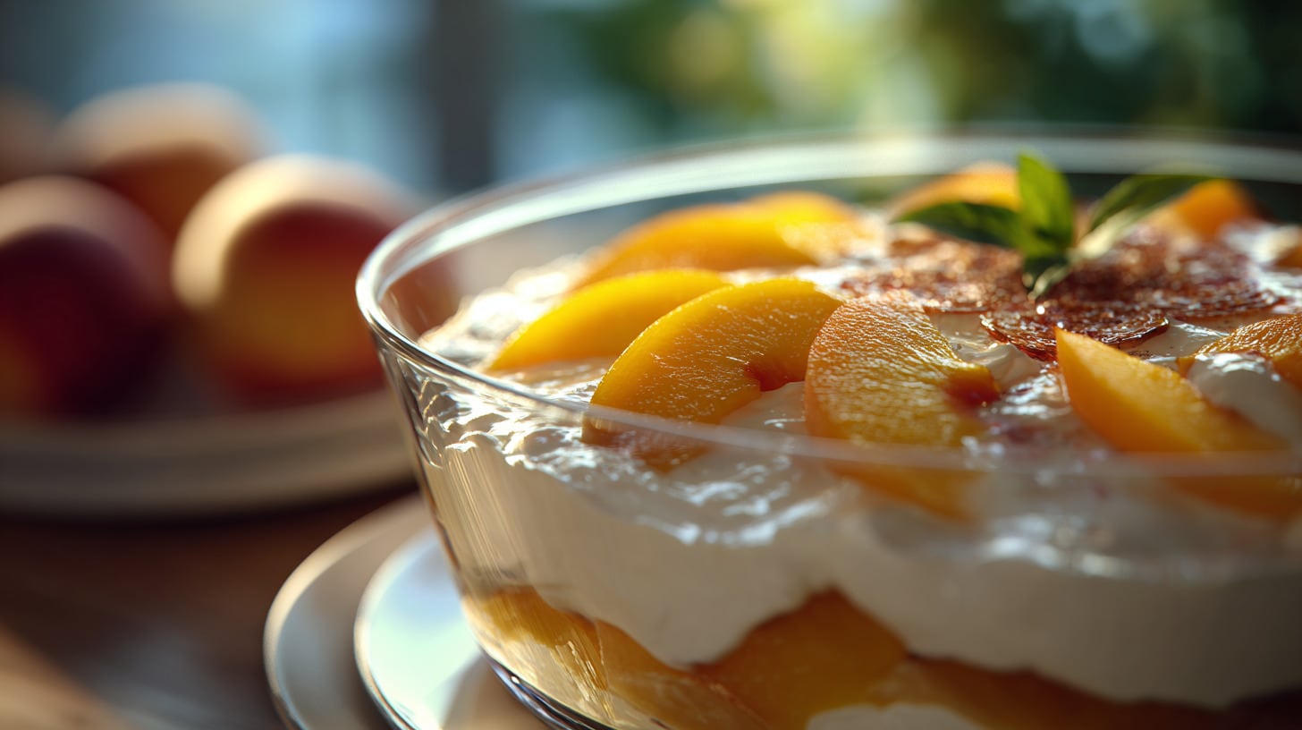 Carlota de durazno con capas cremosas y trozos de fruta, presentada como un postre fresco y casero. — (Imagen Ilustrativa Infobae)