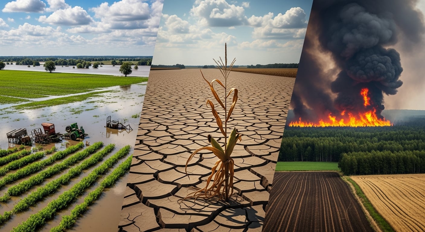 Desastres climáticos como inundaciones, sequías e incendios forestales en campos agrícolas ilustran los desafíos que enfrenta la producción de alimentos. (Imagen Ilustrativa Infobae)