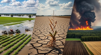 Tres paneles presentan campos agrícolas inundados con maquinaria, tierra seca agrietada con una planta de maíz marchita y un incendio forestal con denso humo negro.