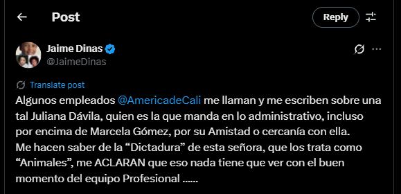 El periodista de Telepacífico realizó una denuncia en contra de la gerente administrativa del América de Cali - crédito @JaimeDinas / X